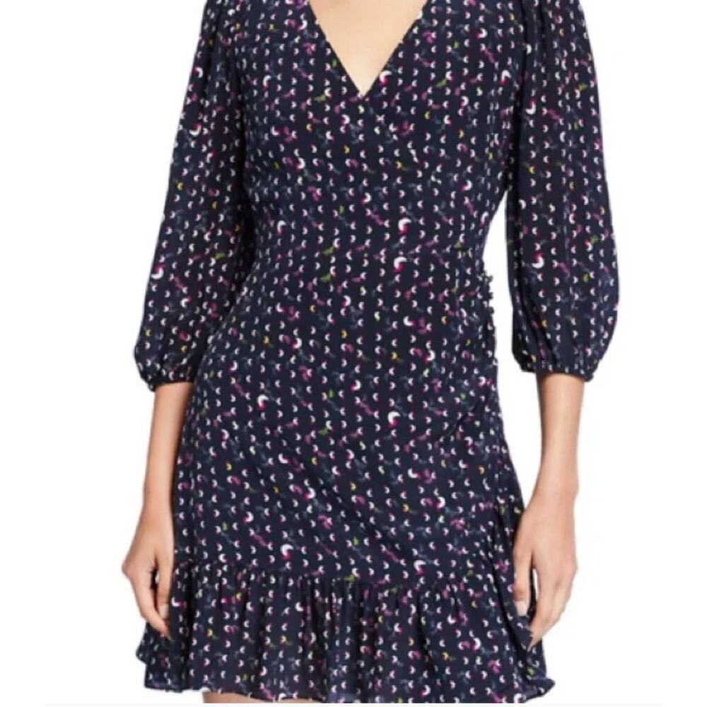 Tanya Taylor Bernadine Navy Blue Silk Faux wrap Short Dress Size 6